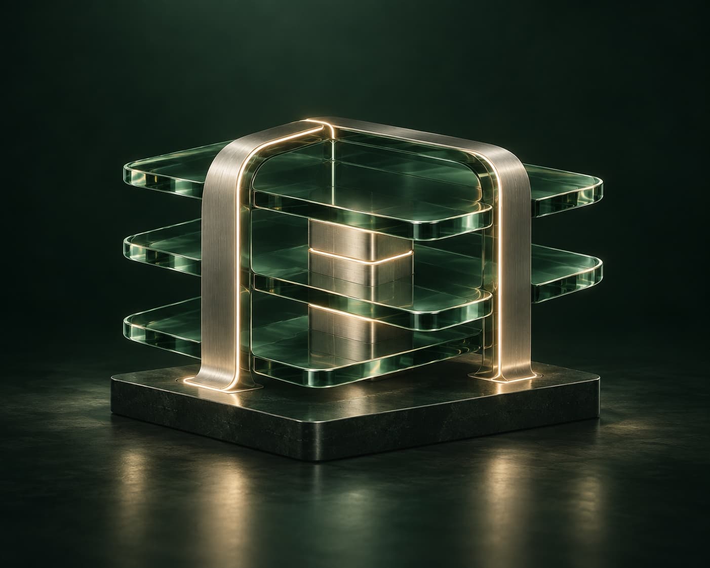 Layered emerald glass planes joined by precision metal arches and a softly illuminated core.