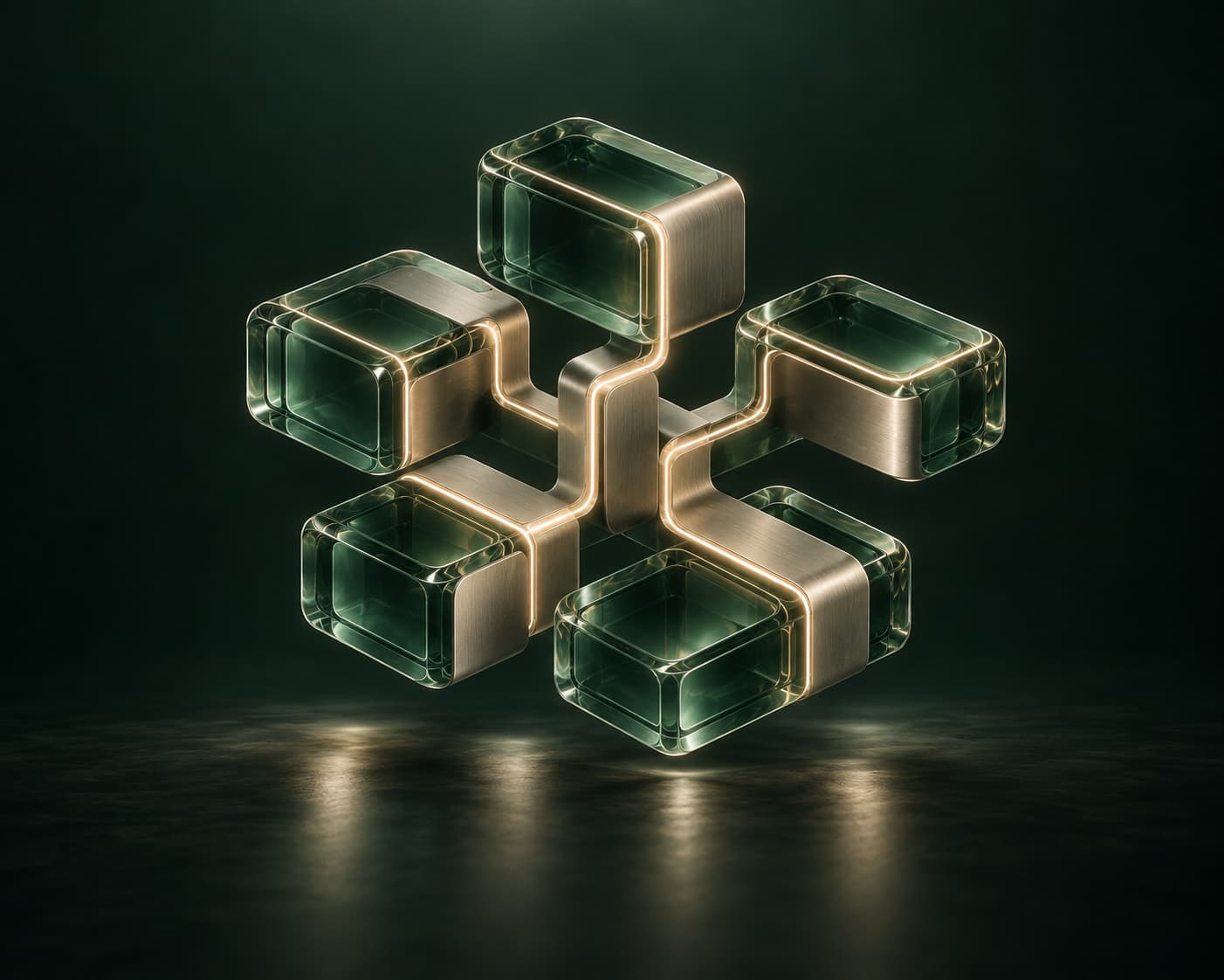 Emerald glass and metal modules joined by illuminated connections into one integrated system.